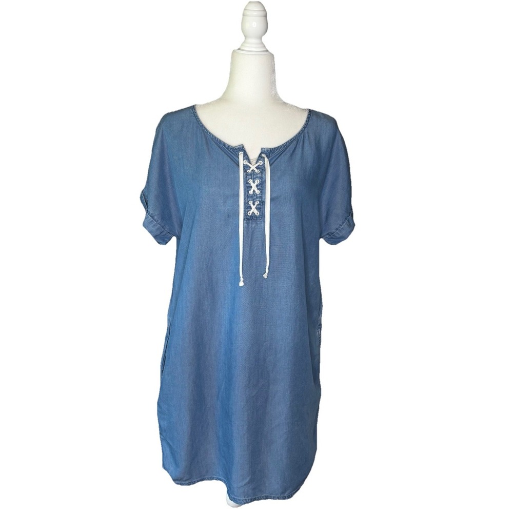 Caslon Dress Large Blue‎ Chambray Lace Up Scoop Neck Shift Short Sleeve Nautical
